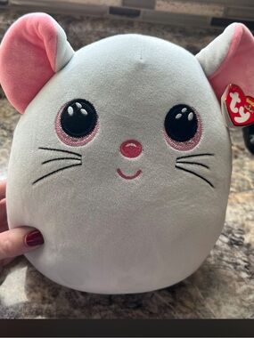 Ty Pink & White Mouse Plush with Embroidered Face